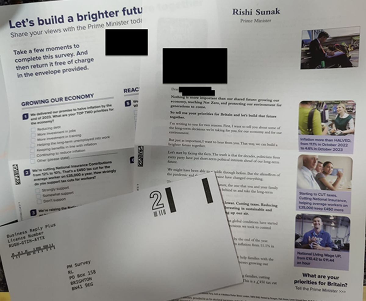 A letter from the Prime Minister with a survey and freepost envelope
