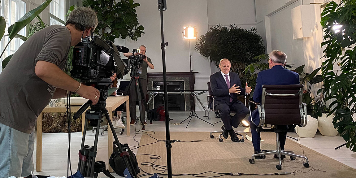 Ed Davey MP being interviewed on camera.