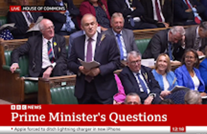 BBC News showing coverage of Ed Davey MP speaking in the House of Commons at PMQs.