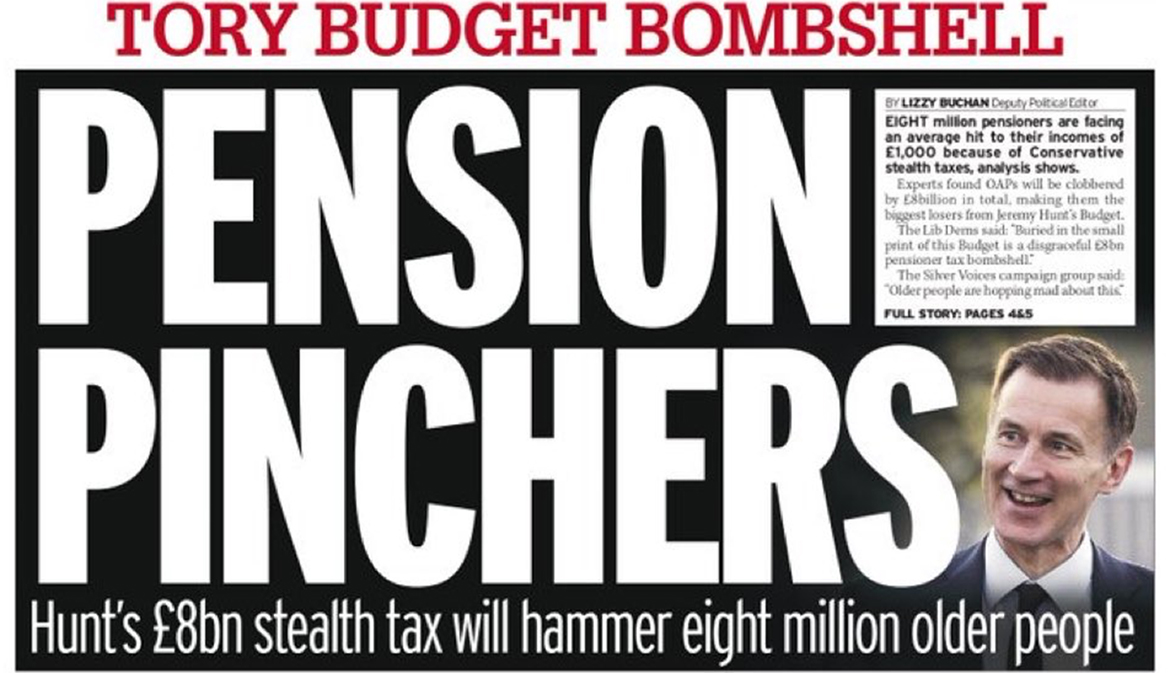 Newspaper headline: Tory Budget Bombshell - Pension Pinchers - Hunt's £8bn stealth tax will hammer eight million older people.