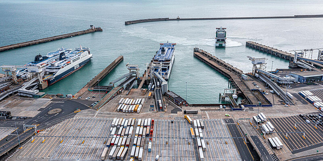 Port with ferries and lorries