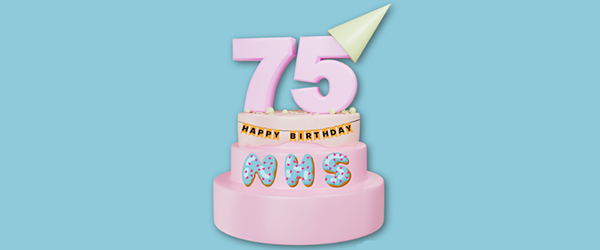 A pink birthday cake with decorations which read '75 Happy Birthday NHS'.