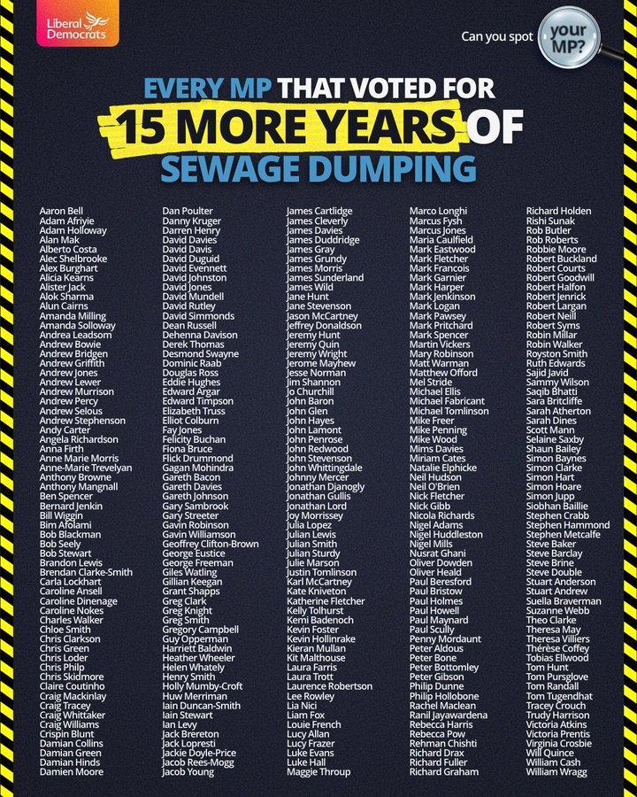 A tweet from the Liberal Democrats showing a list of every MP that voted for 15 more years of sewage dumping.