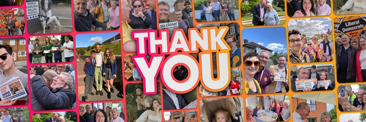 A collage of images of Liberal Democrats campaigning with large letters saying Thank you