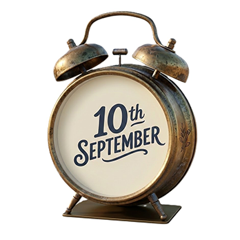 Alarm clock labelled with the date, '10th September'