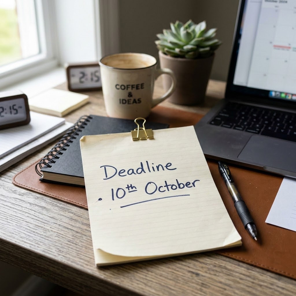 A notepad on a desk with 'Deadline 10th October' written on it.
