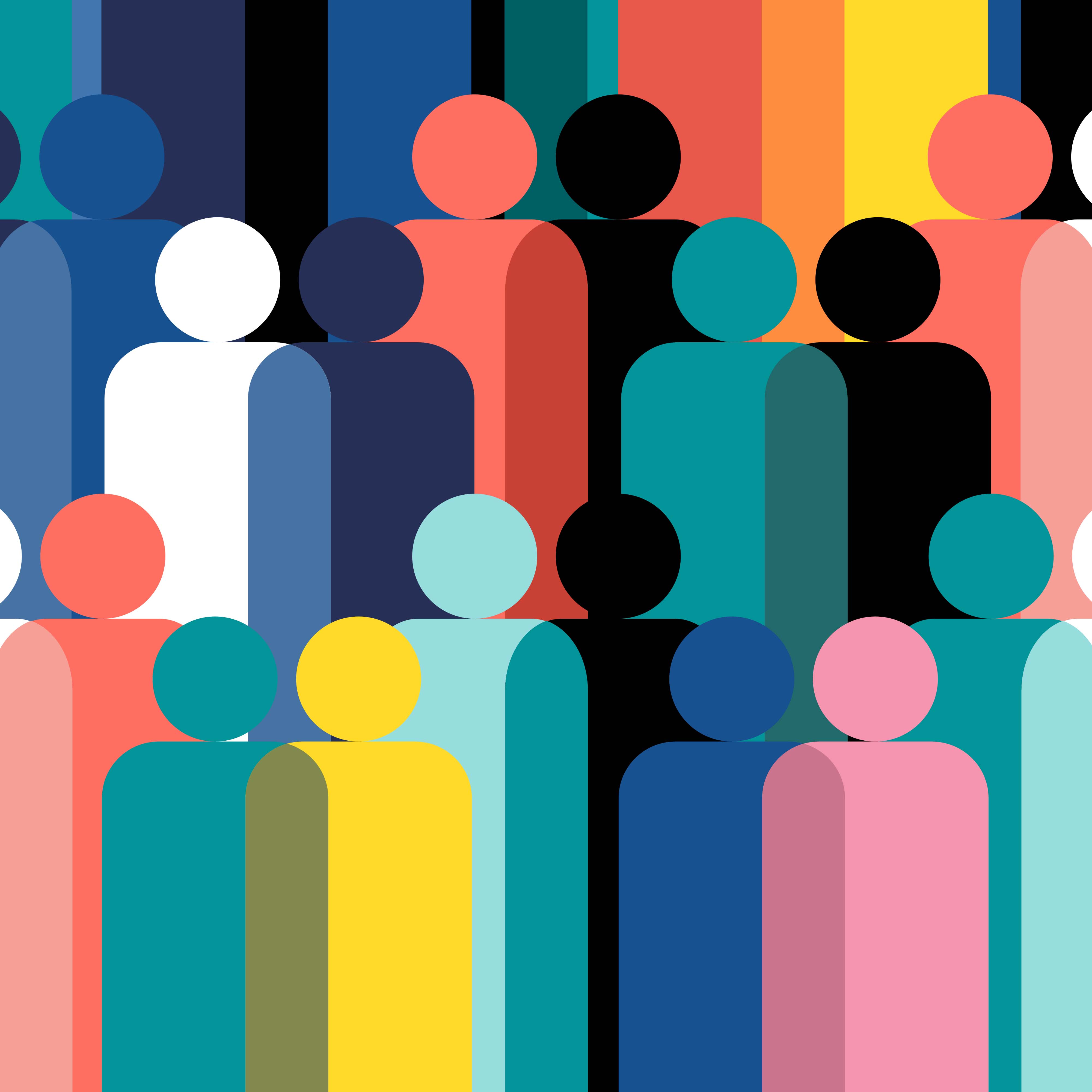 Cartoon silhouettes of people in different colours standing together.
