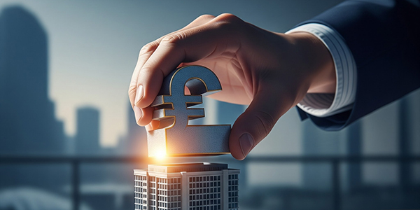 A hand places a large pound sign on top of a skyscraper