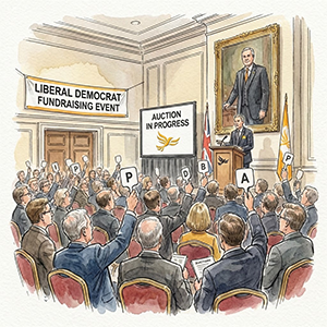 An illustration of a Lib Dem fundraising event