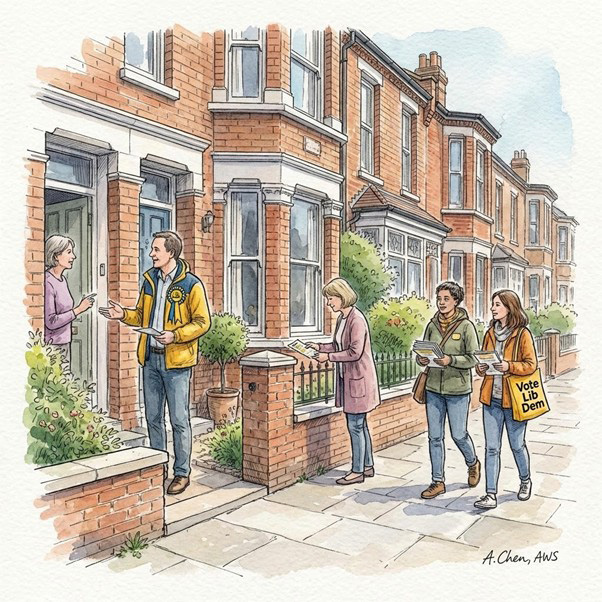 An illustration of Lib Dem activists knocking on doors