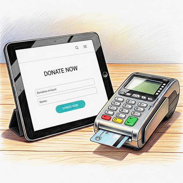 An illustration of a card machine and donation tablet