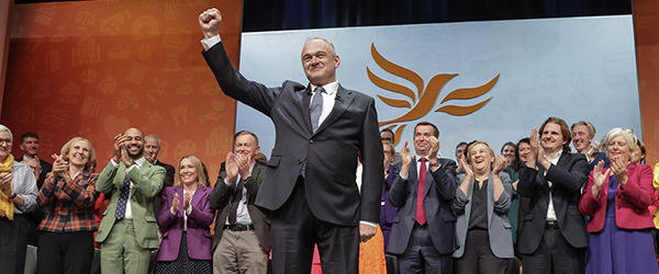 Ed Davey delivering his Conference speech on the main stage.