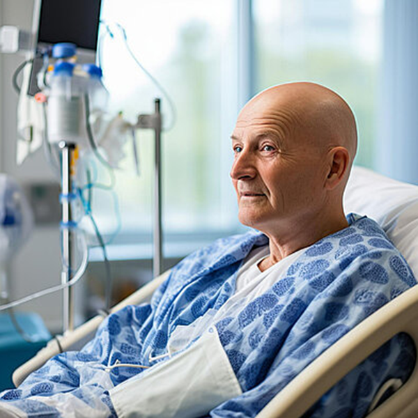 Patient sitting in a bed.