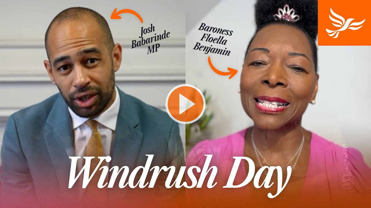 Josh Babarinde MP and Baroness Floella Benjamin address the camera in a video thumbnail for a video entitled Windrush Day