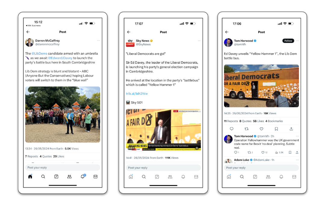 Phone screens displaying posts on X regarding the Lib Dem battle bus launch.