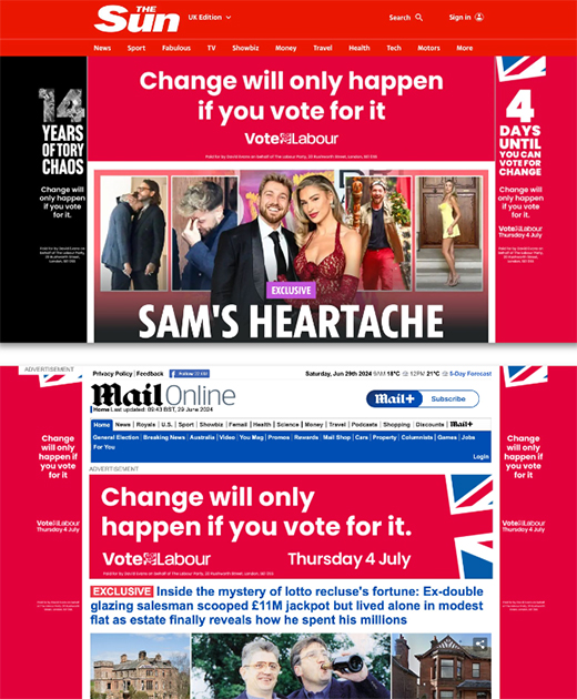 Online home page of The Sun with a Labour-sponsored wrap and headline, 'Change will only happen if you vote for it - Vote Labour'.