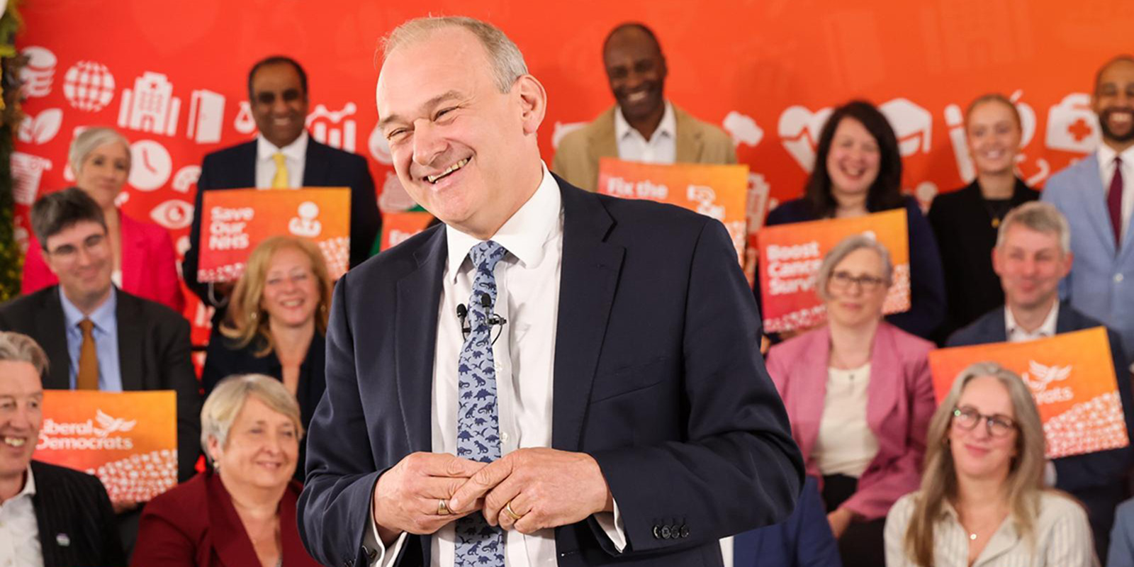 Ed Davey launches the Liberal Democrat manifesto in front of candidates.