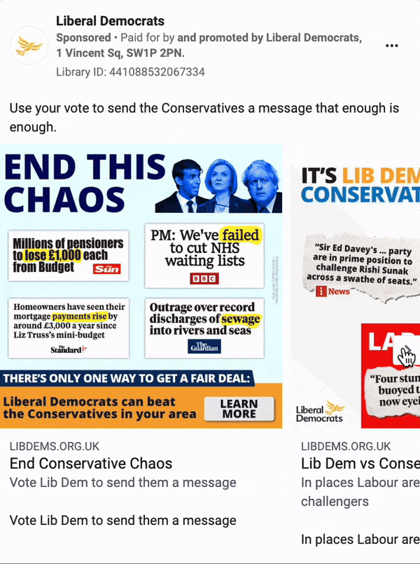 A gif of Liberal Democrat digital adverts