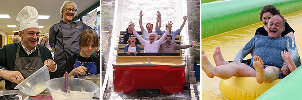 Photos of Ed Davey - baking, on a log flume, on a water slide.