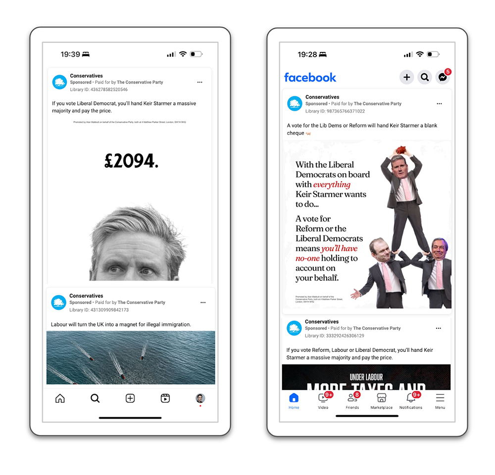 Phone screens showing attack ads from the Conservatives on Facebook