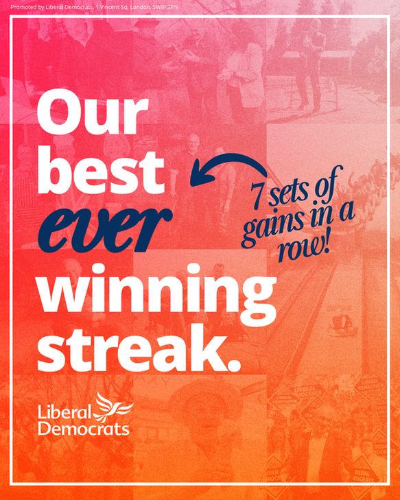 Graphic with text overlaying faded images of Ed Davey campaigning which reads 'Our best ever winning streak - 7 sets of gains in a row!'