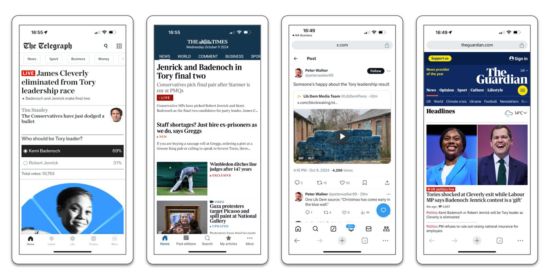 Phone screens showing news articles and a post on X about the selection of the final two in the Conservative leadership contest.