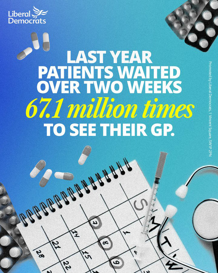 Social media post image: a calendar, pills and stethoscope with words overlaid - 'Last year patients waited over two weeks 67.1 million times to see their GP'.
