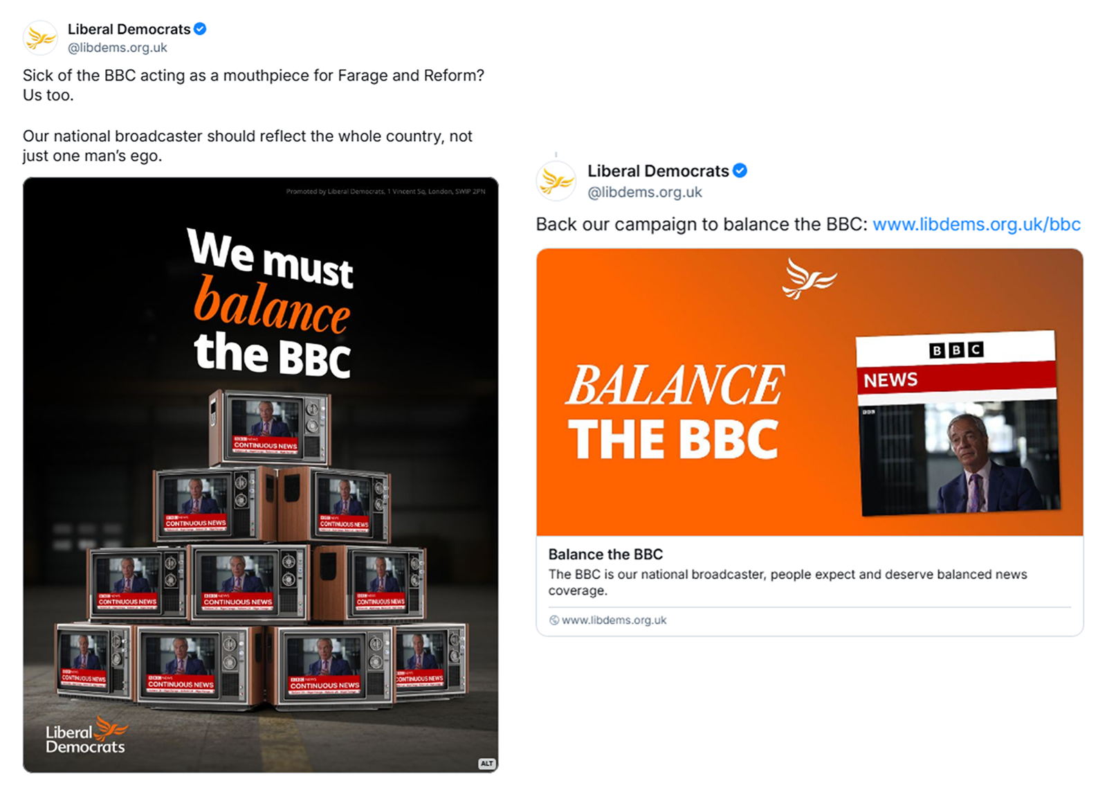 Liberal Democrats Bluesky posts about the Balance the BBC campaign.