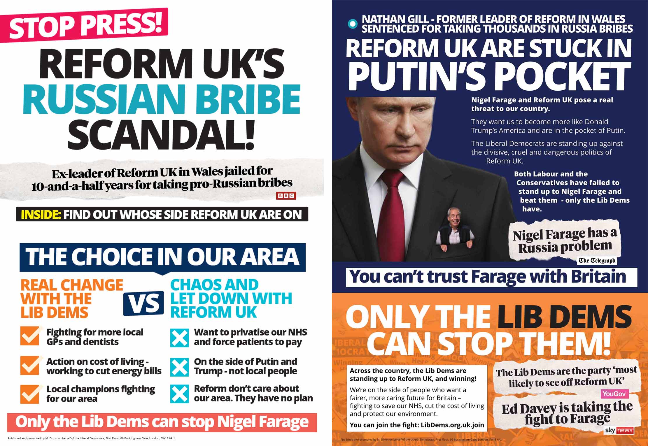 Liberal Democrat literature with the headlines, 'Reform UK are stuck in Putin's pocket', and 'Only the Lib Dems can stop them!'.