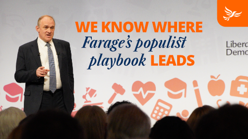 Ed Davey gives a speech at Conference. A title displays 'We know where Farage's populist playbook leads'