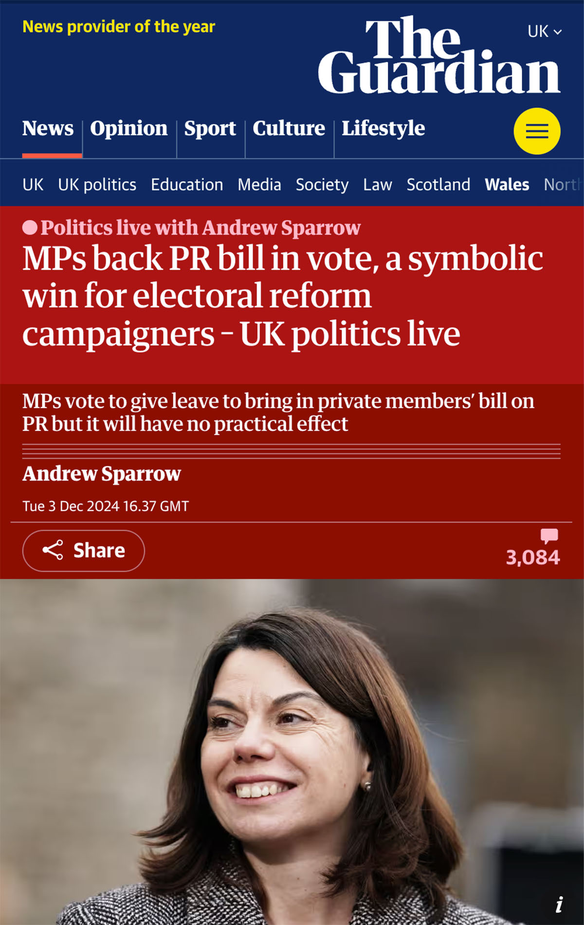 The Guardian webpage featuring the headline, 'MPs back PR bill in vote, a symbolic win for electoral reform campaigners', with a photo of Sarah Olney MP.
