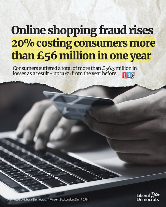 Image to share on social media: someone typing on a laptop keyboard holding a bank card, overlaid with the text: 'Online shopping fraud rises 20% costing consumers more than £56 million in one year'.
