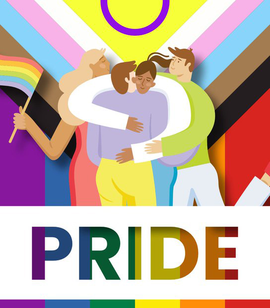 Pride - pride flag with cartoon people hugging.