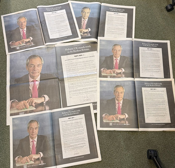 A spread of 6 newspapers showing a double page advert with Nigel Farage on one side and a letter on the other.