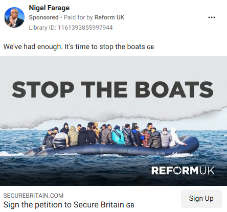 A paid digital ad from Nigel Farage with the caption 'We've had enough. It's time to stop the boats' with a picture of people on a dinghy