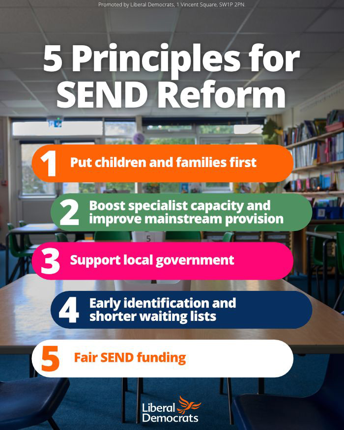 Social media post - 5 principles for SEND reform: 1: Put children and families first. 2: Boost specialist capacity and improve mainstream provision. 3: Support local government. 4: Early identification and shorter waiting lists. 5: Fair SEND funding.