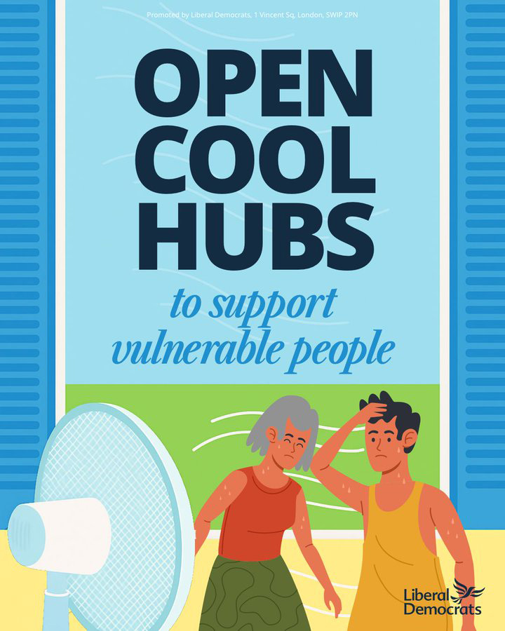 Graphic to post on social media - A fan blows cold air on people with the words, 'Open cool hubs to support vulnerable people'.