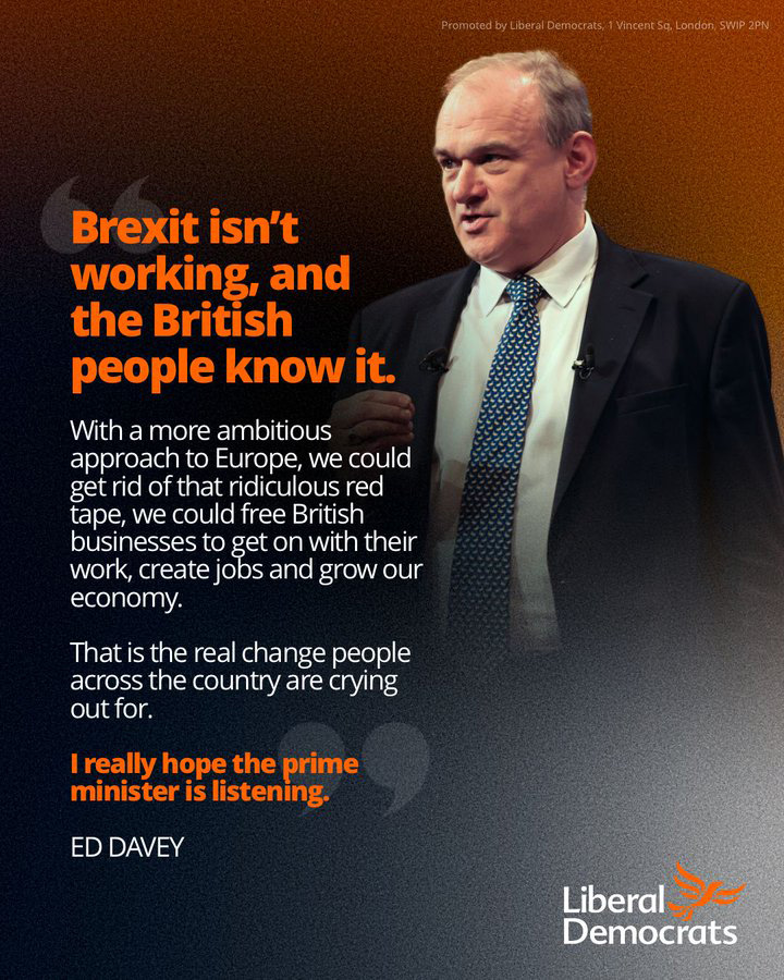 Social media post featuring a quote from Ed's article: 'Brexit isn't working , and the British people know it. With a more ambitious approach to Europe, we could get rid of that ridiculous red tape, we could free British business to get on with their work, create jobs and grow our economy. That is the real change people across the country are crying out for. I really hope the prime minister is listening.'