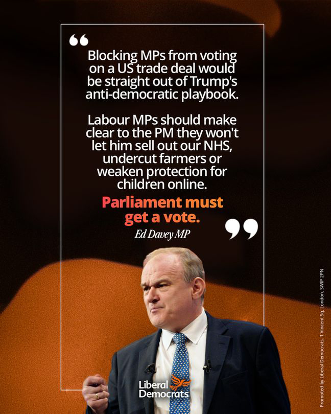 Ed Davey quote: 'Blocking MPs from voting on a US trade deal would be straight out of Trump's anti-democratic playbook. Labour MPs should make clear to the PM they won't let him sell out our NHS, undercut farmers or weaken protection for children online. Parliament must get a vote.