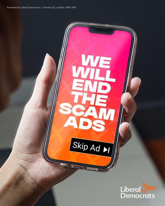 Social media post: A phone with the words 'We will end the scam ads' on the screen.