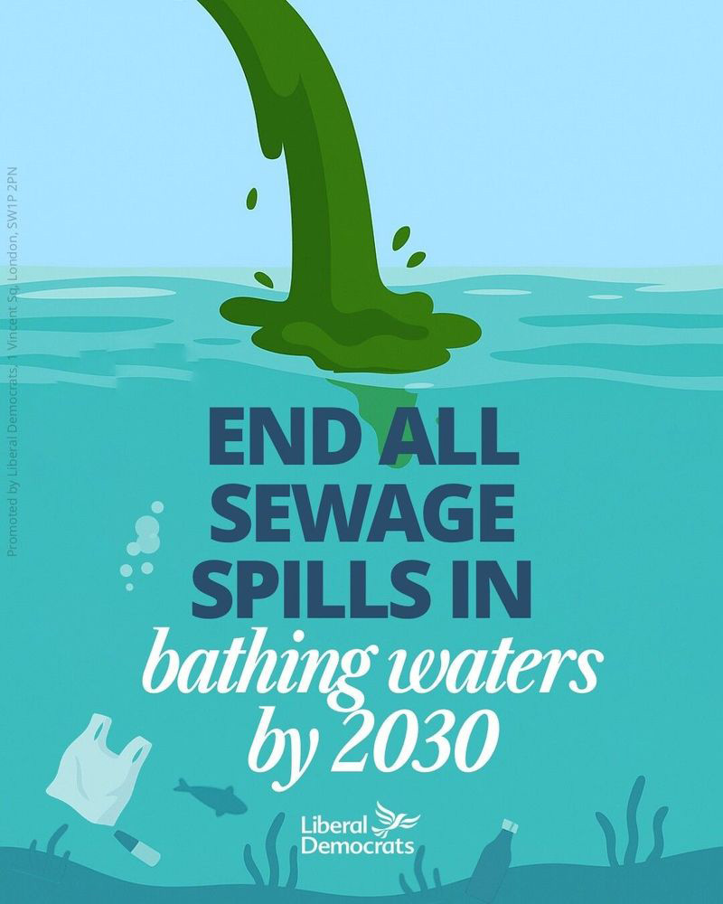 Graphic to post on social media showing sewage falling into a river with the words, 'End all sewage spills in bathing waters by 2030'.