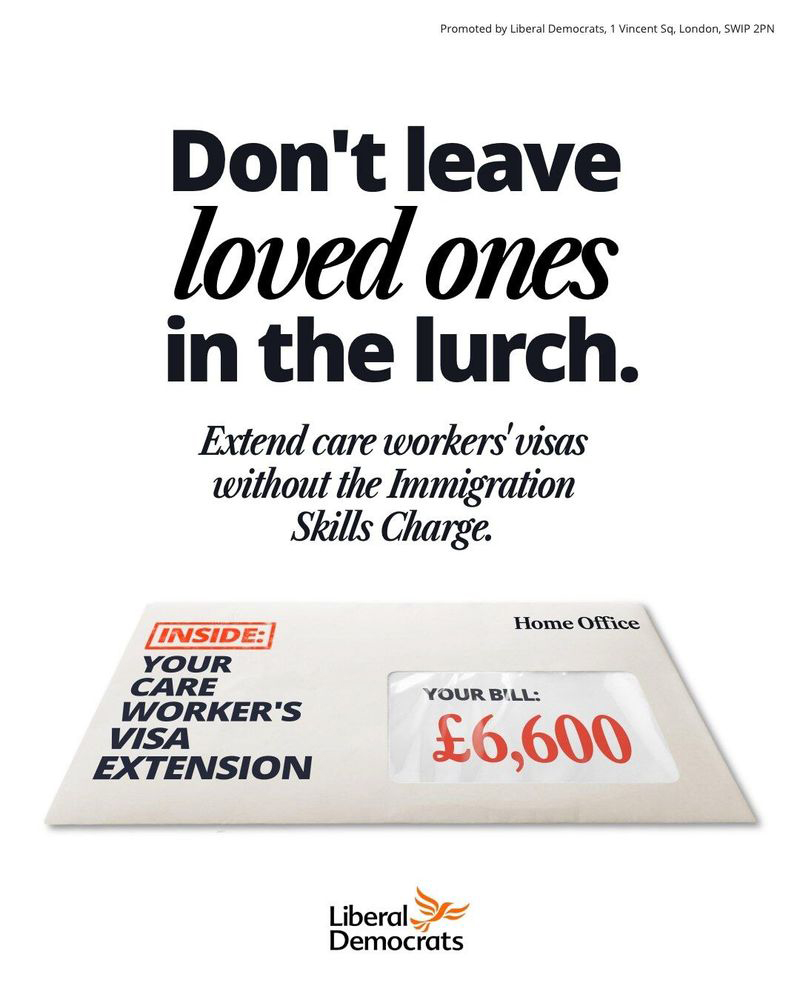 Don't leave loved ones in the lurch. Extend care workers' visas without the Immigration Skills Charge. An image of a letter with words on the envelope reading, 'Inside: Your care worker's visa extension', and writing on the letter seen through the envelope window reading, 'Your bill: £6,600'.
