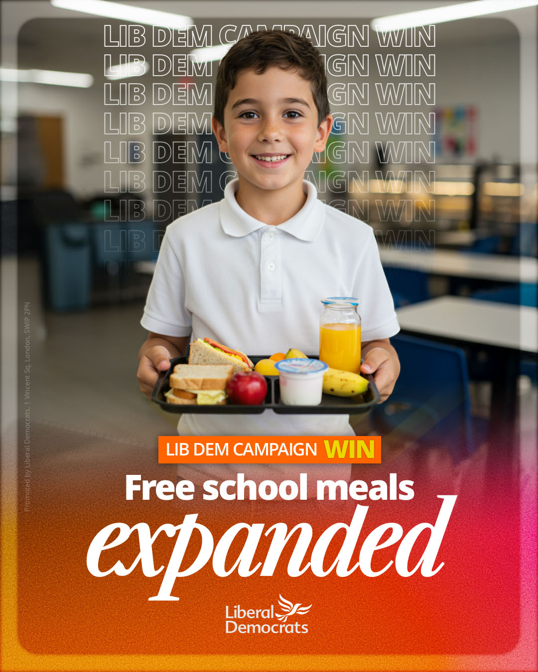 Image to share on social media - a smiling child holds a tray full of food with the words 'Lib Dem campaign win - Free school meals expanded'.