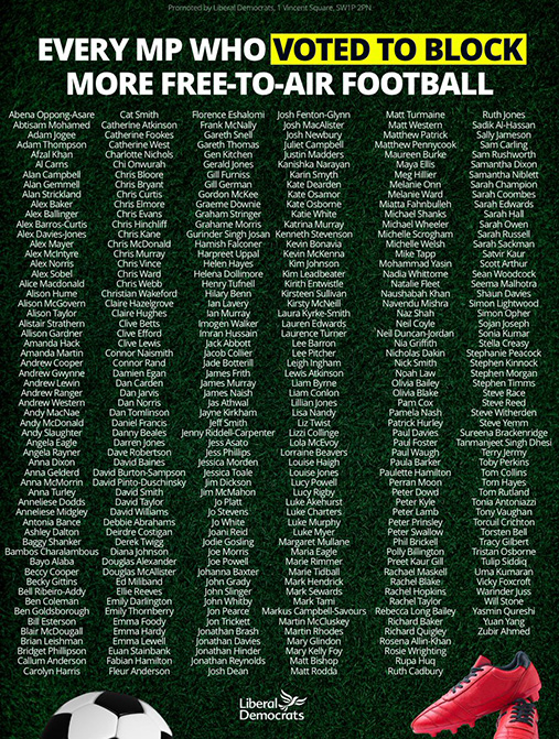 Social media post - Every MP who voted to block more free-to-air football and a list of all the MPs' names.