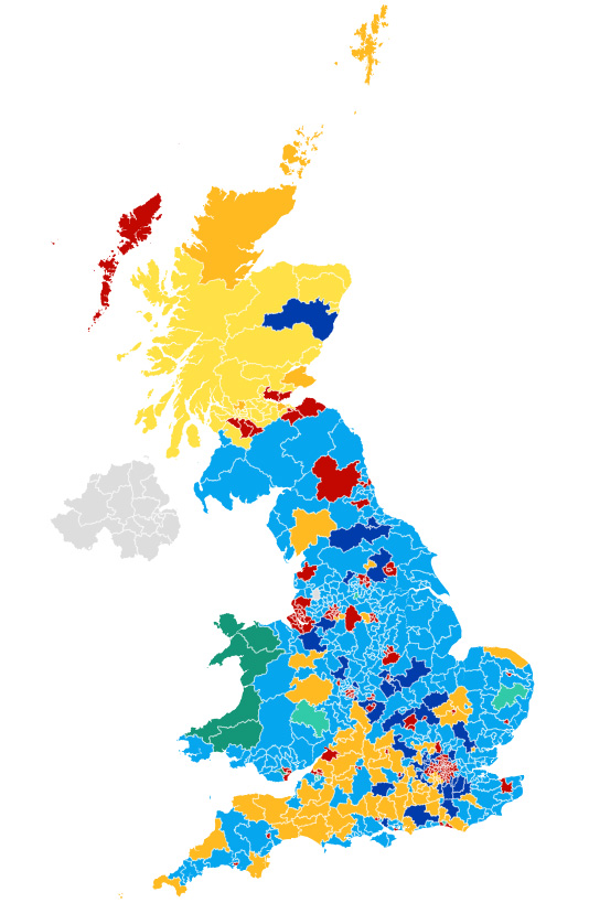 Electoral map of UK parliamentary constituencies by party based on YouGov's MRP - Reform's turquiose and the Lib Dems' orange are prevalent.