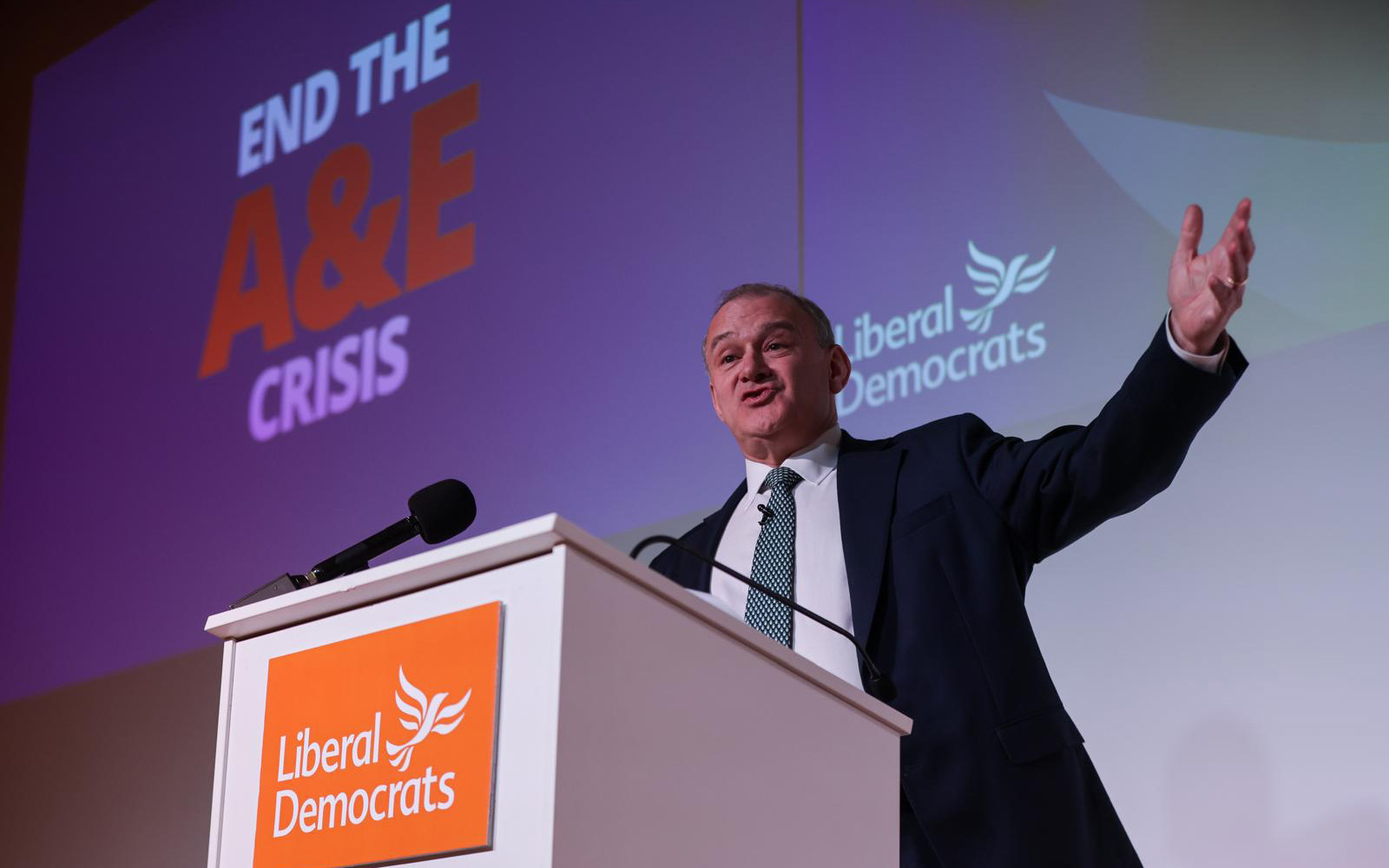 Ed Davey delivering his speech to end the A&E crisis.