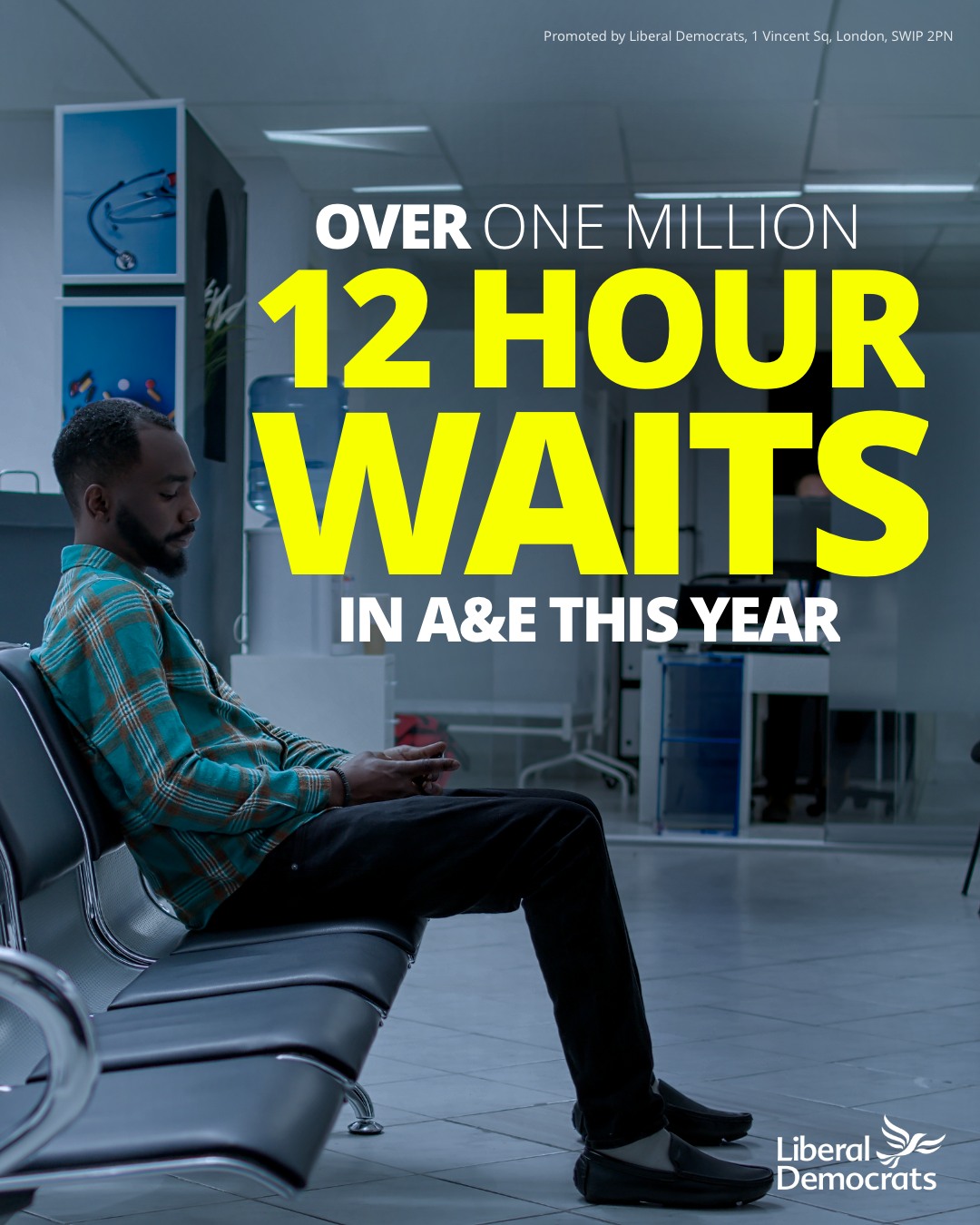 A man sits in an empty A&E department. Text reads 'Over one million 12 hour waits in A&E this year'