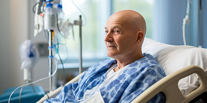 Patient sitting in bed.