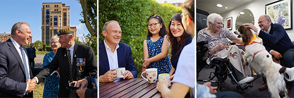 Photos of Ed Davey - meeting veterans, families and care home residents with a support dog.