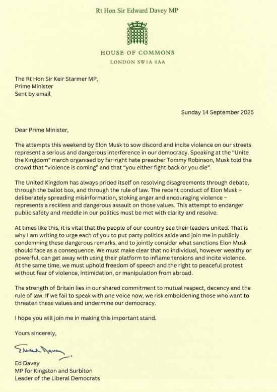 Ed Davey's letter to other party leaders